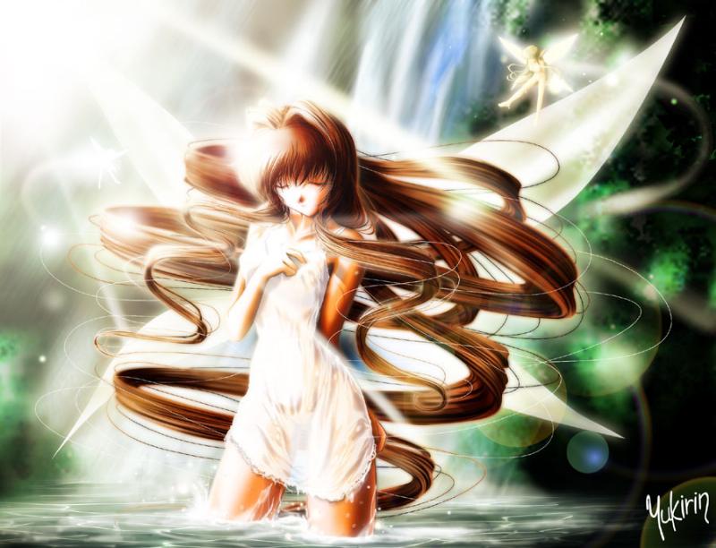 yukirin, misaka kaori, kanon, 1girl, brown hair, closed eyes, dress, fairy, female focus, long hair, signature, solo, water, waterfall, wet, wings