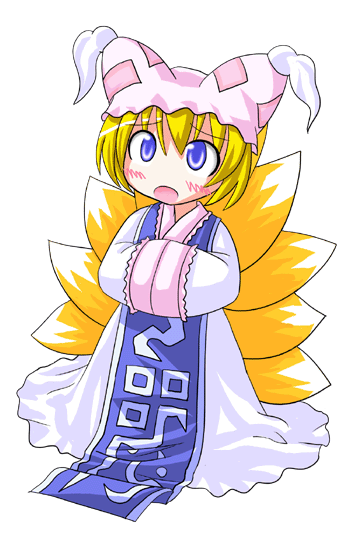 des (namaasi), yakumo ran, touhou, 1girl, animal hat, blonde hair, blush, chibi, female focus, fox tail, hands in opposite sleeves, hat, long sleeves, mob cap, multiple tails, outline, short hair, solo, surcoat, tabard, tail, tassel, transparent background, white background, white outline, wide sleeves