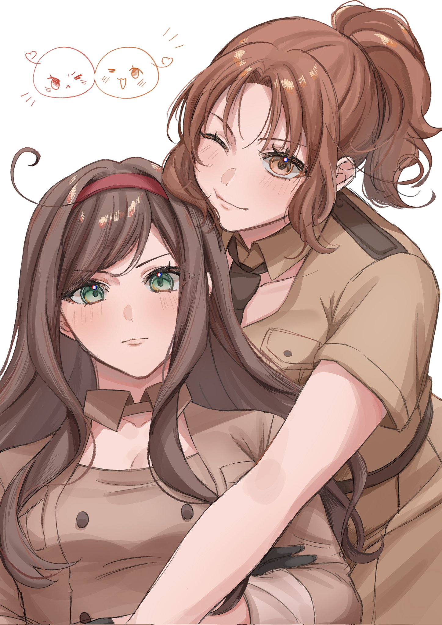 muyuu 08, axis powers hetalia, highres, 2girls, ahoge, blush, breasts, brown eyes, brown hair, clothing cutout, genderswap, genderswap (mtf), green eyes, hairband, hug, hug from behind, long hair, looking at viewer, military uniform, multiple girls, necktie, northern italy (female) (hetalia), one eye closed, ponytail, siblings, simple background, sisters, smile, southern italy (female) (hetalia), white background