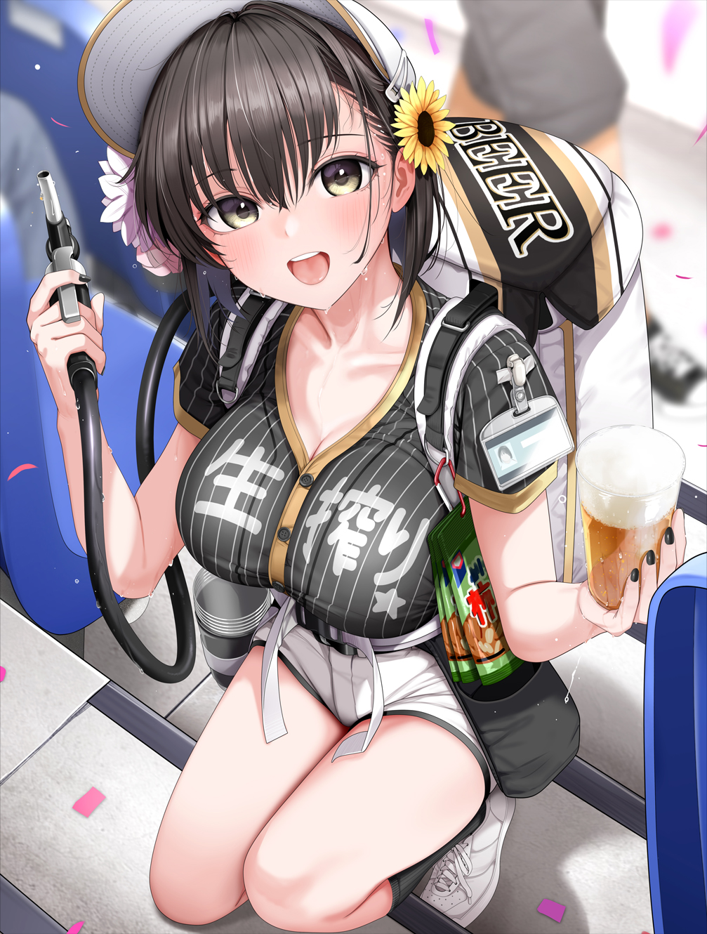 fed (giba), original, highres, 1girl, baseball cap, beer tap, black hair, black shirt, blush, breasts, cleavage, cup, flower, grey eyes, hair flower, hair ornament, hat, large breasts, looking at viewer, nozzle, open mouth, shirt, shoes, short hair, short shorts, short sleeves, shorts, smile, sneakers, squatting, thighs, white hat, white shorts