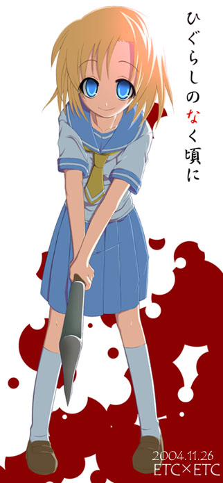 ryuuguu rena, higurashi no naku koro ni, 00s, 1girl, billhook, brown shoes, crazy eyes, female focus, hatchet, nata (tool), school uniform, serafuku, shoes, solo