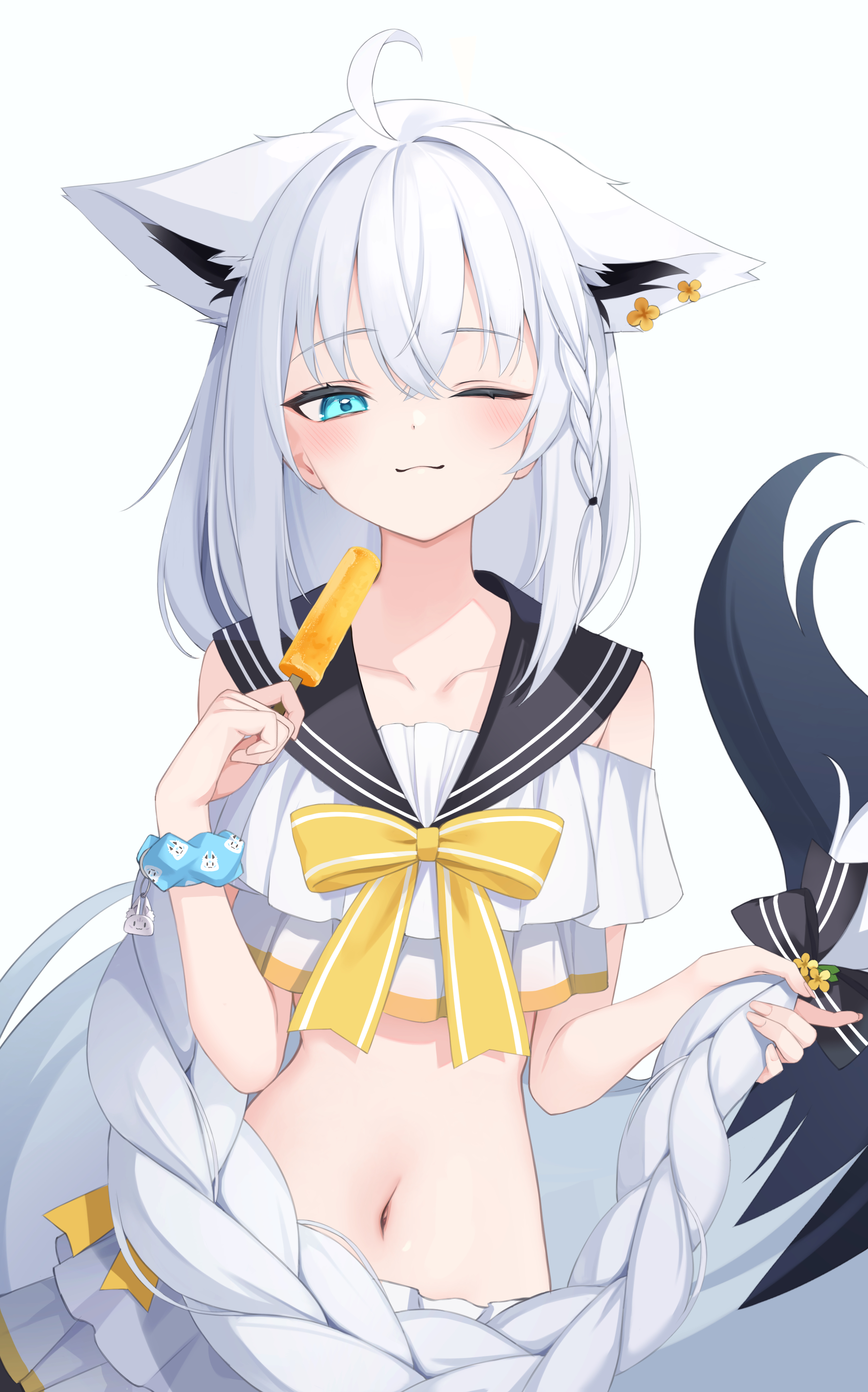 shin insh, shirakami fubuki, hololive, absurdres, highres, 1girl, ahoge, animal ears, bare shoulders, black bow, black sailor collar, blush, bow, bowtie, braid, braided ponytail, cropped shirt, extra ears, food, fox ears, fox girl, fox tail, hair bow, holding, holding food, holding popsicle, layered skirt, long hair, looking at viewer, midriff, navel, one eye closed, popsicle, sailor collar, scrunchie, simple background, skirt, smile, solo, tail, very long hair, virtual youtuber, white background, white hair, white skirt, wrist scrunchie, yellow bow, yellow bowtie