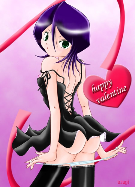 kuchiki rukia, bleach, artist request, 00s, 1girl, ass, black dress, black hair, blush, breasts, dress, from behind, green eyes, heart, looking at viewer, looking back, nipples, open mouth, panties, panty pull, purple background, short hair, skirt, sleeveless, sleeveless dress, small breasts, standing, strap slip, underwear, valentine, white panties