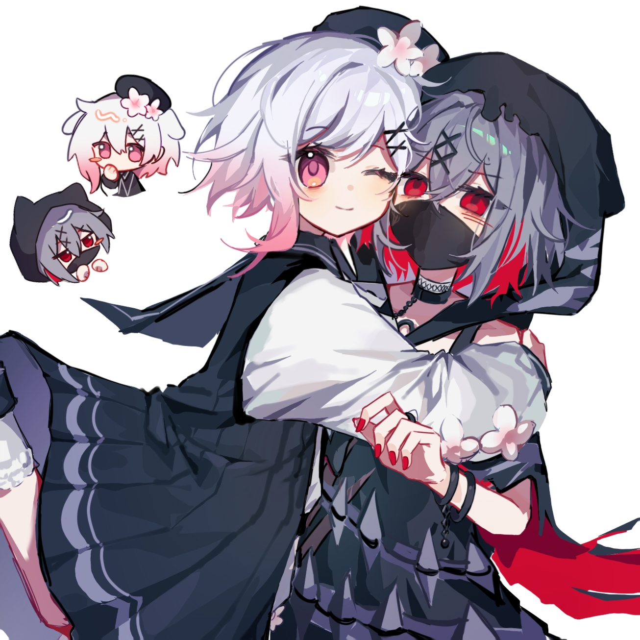sakuraba ema, mahou shoujo no majo saiban, chinese commentary, commentary request, highres, 2girls, beret, black hat, bracelet, chibi, chibi inset, colored inner hair, cowboy shot, flower, gradient hair, grey hair, hair flower, hair ornament, hat, hood, hood up, hug, jewelry, kemonomimi mode, long sleeves, looking at viewer, magical girl, mask, mouth mask, multicolored hair, multiple girls, nail polish, one eye closed, pink eyes, red eyes, red nails, shitou arisa, short hair, simple background, smile, standing, white background, white flower, white hair, x hair ornament, xiaohongshu 6547c42c