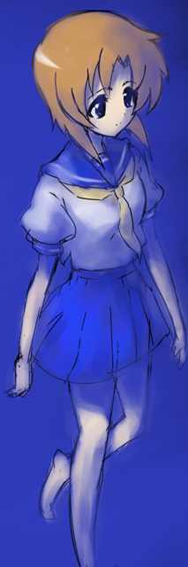 kuropan (crow panther), kurou (artist), ryuuguu rena, higurashi no naku koro ni, 00s, 1girl, brown hair, female focus, school uniform, serafuku, short hair, simple background, solo