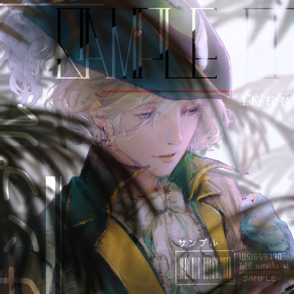 23cifang, france (hetalia), axis powers hetalia, 1boy, ascot, bird, earrings, facial hair, goatee stubble, grey hair, hat, jacket, jewelry, male focus, parted lips, plume, purple eyes, sample watermark, short hair, solo, stubble, upper body, watermark
