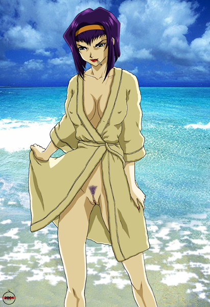faye valentine, cowboy bebop, 1990s (style), 1girl, breasts, cigarette, cleavage, cloud, day, female focus, female pubic hair, hairband, large breasts, lipstick, makeup, ocean, pubic hair, purple hair, pussy, retro artstyle, robe, smoking, solo