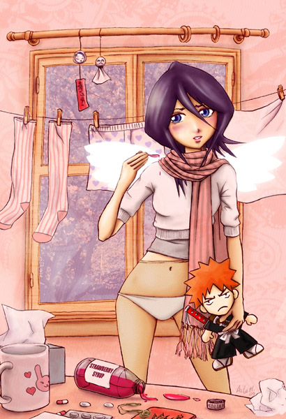 myriam lescop, kuchiki rukia, bleach, 00s, black hair, blue eyes, blush, cup, mug, panties, pantyshot, short hair, solo, underwear