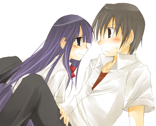 suzushiro kurumi, furude rika, maebara keiichi, ryuuguu rena, higurashi no naku koro ni, 00s, 1boy, 1girl, age difference, blue hair, blunette, blush, brown hair, hetero, sweat, teenage boy and younger girl