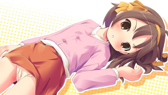 pu-en, suzumiya haruhi, suzumiya haruhi (young), suzumiya haruhi no yuuutsu, 00s, 1girl, aged down, blush, female focus, loli, lying, panties, solo, underwear