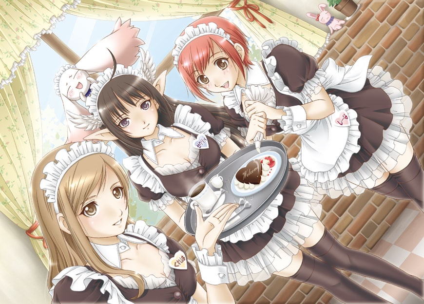 hiyori (nyatto), lassi, seena kanon, touka kureha, xecty ein, sega, shining (series), shining wind, 3girls, apron, black hair, blush, breasts, brown eyes, brown hair, chocolate, cleavage, head wings, heart, large breasts, long hair, maid, maid apron, multiple girls, plate, pointy ears, purple eyes, red hair, short hair, thighhighs, tray, wings, zettai ryouiki