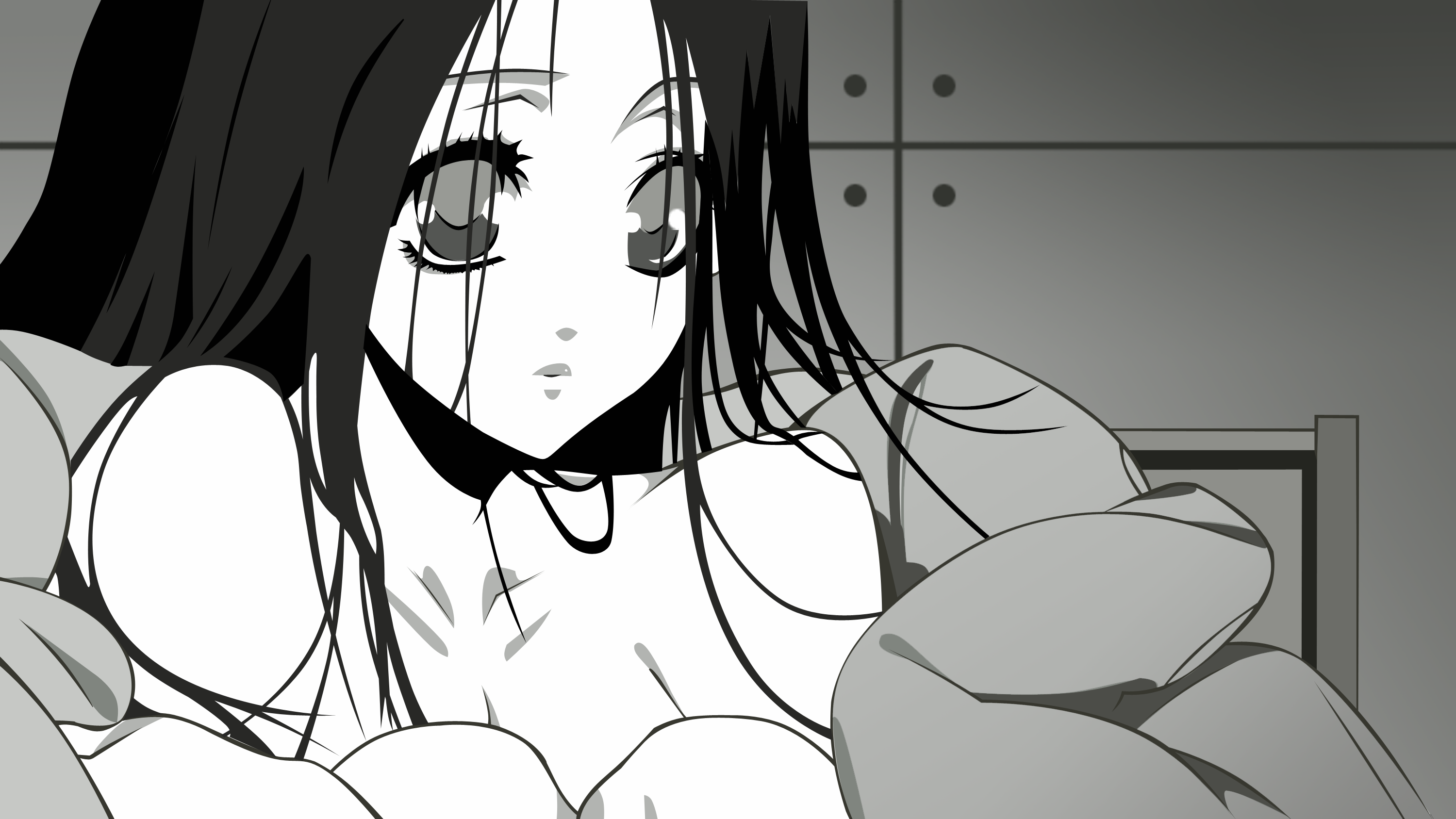 komori kiri, sayonara zetsubou sensei, derivative work, highres, vector trace, 00s, 1girl, female focus, greyscale, high contrast, long hair, monochrome, nude, solo, very long hair