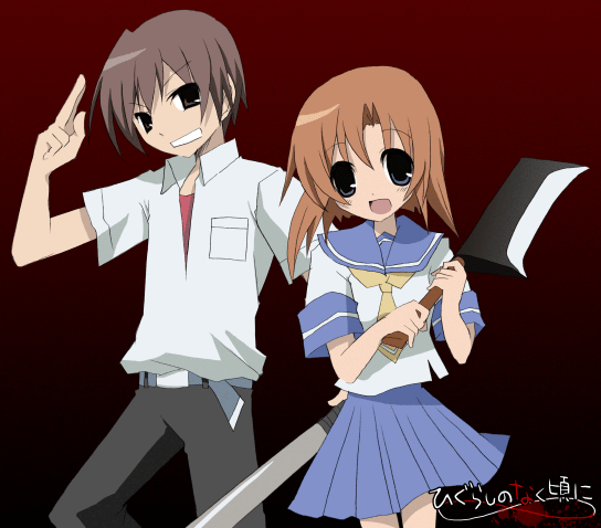 suzushiro kurumi, maebara keiichi, ryuuguu rena, higurashi no naku koro ni, 00s, 1boy, 1girl, baseball bat, billhook, couple, hashitsuki nata, hatchet, hetero, nata (tool), school uniform, serafuku