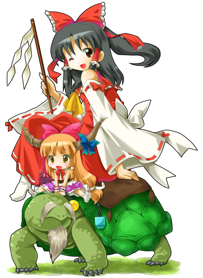 michii yuuki, genjii (touhou), hakurei reimu, ibuki suika, touhou, touhou (pc-98), eyebrows, 2girls, ascot, bare shoulders, beard, black hair, blue bow, blush, bow, brown eyes, chain, chibi, child, detached sleeves, dress, facial hair, female focus, frilled bow, frilled hair tubes, frilled shirt collar, frills, fringe trim, gohei, hair bow, hair tubes, horn bow, horn ornament, horns, japanese clothes, miko, multiple girls, no shoes, nontraditional miko, one eye closed, open mouth, orange hair, ponytail, red bow, red dress, red ribbon, ribbon, ribbon-trimmed clothes, ribbon-trimmed dress, ribbon-trimmed sleeves, ribbon trim, sailor collar, sash, shide, socks, turtle, white background, white bow, white ribbon, white sleeves, wink, yellow ascot