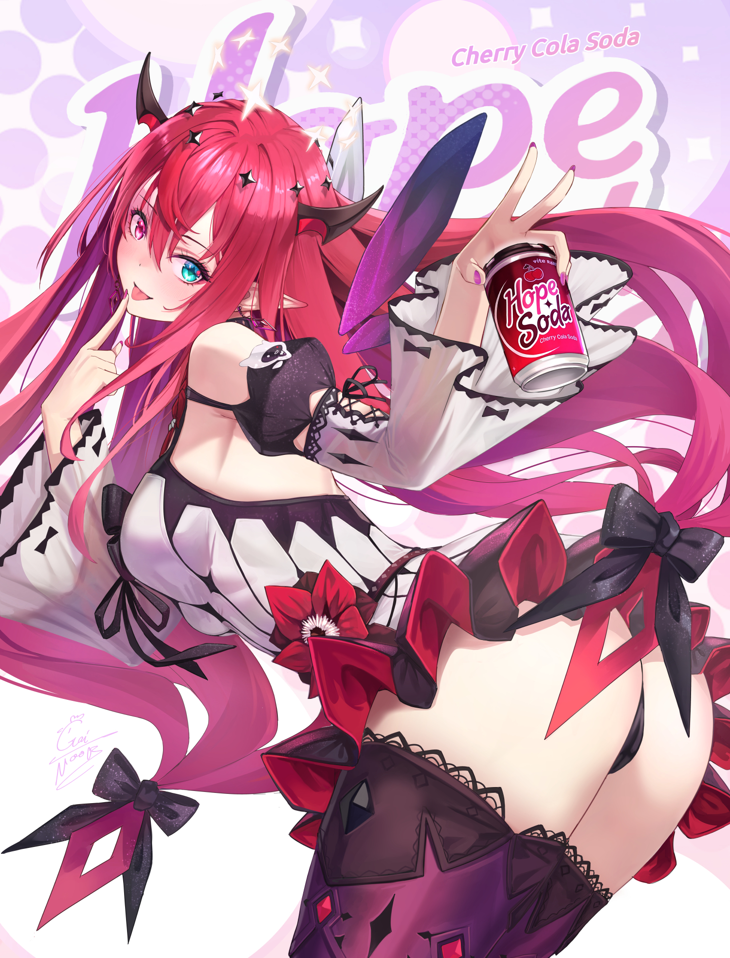 gainoob, irys (hololive), hololive, highres, 1girl, aqua eyes, bent over, black bow, black panties, blush, bow, breasts, can, demon horns, detached sleeves, dress, hair bow, hair ornament, heterochromia, holding, holding can, horns, long hair, looking at viewer, medium breasts, mini wings, panties, purple thighhighs, red eyes, red hair, smile, solo, thighhighs, tiara, tongue, tongue out, underwear, white dress, wings