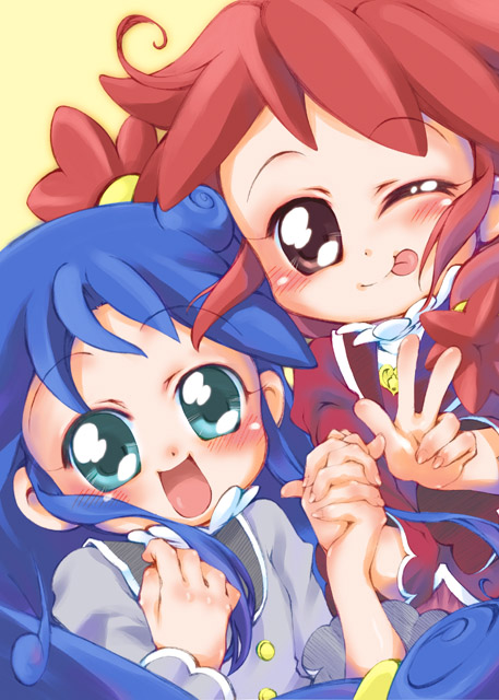 sarta, fine (futagohime), rein (futagohime), fushigiboshi no futago hime, 00s, 2girls, blue eyes, blue hair, brown eyes, brown hair, multiple girls, one eye closed, red eyes, red hair, school uniform, tongue, v, wink