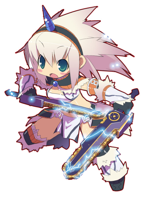 zankuro, capcom, monster hunter (series), bad id, bad pixiv id, 1girl, :o, arm warmers, bandeau, belt, black gloves, black thighhighs, blush stickers, boots, breasts, brooch, chainsaw, dual wielding, elbow gloves, electricity, female focus, fighting stance, fur trim, gloves, glowing, green eyes, hair between eyes, hairband, holding, horns, jewelry, kirin (armor), leg warmers, light particles, loincloth, looking at viewer, midriff, navel, open mouth, outline, short hair, sidelocks, simple background, single horn, small breasts, solo, sword, thigh boots, thighhighs, weapon, white background, white hair, zettai ryouiki
