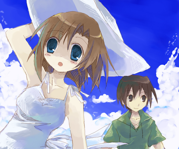 suzushiro kurumi, maebara keiichi, ryuuguu rena, higurashi no naku koro ni, 00s, 1boy, 1girl, couple, dress, hat, hetero