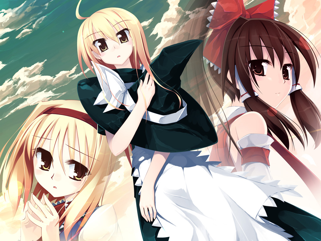 sazanami mio, alice margatroid, hakurei reimu, kirisame marisa, touhou, 3girls, ahoge, apron, blonde hair, blush, brown eyes, brown hair, detached sleeves, female focus, gradient background, hairband, hat, japanese clothes, miko, multiple girls, outdoors, sky, upper body, witch, witch hat, yellow eyes