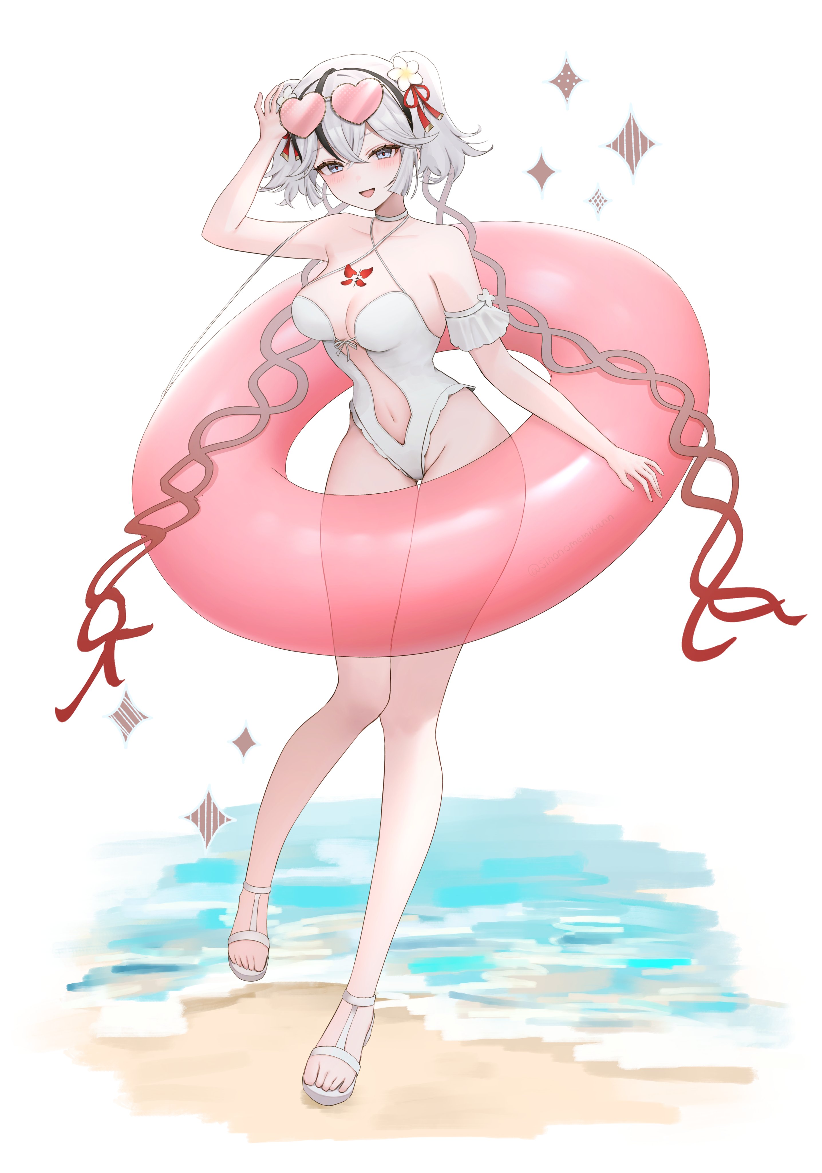 sinonomemikann, camellya (wuthering waves), wuthering waves, absurdres, commentary, highres, 1girl, alternate costume, artist name, bare legs, bare shoulders, black eyes, blush, breasts, casual one-piece swimsuit, criss-cross halter, eyewear on head, full body, hair between eyes, hair ribbon, hair vines, halterneck, hand up, heart, heart-shaped pupils, highleg, highleg one-piece swimsuit, innertube, legs, looking at viewer, medium breasts, navel, one-piece swimsuit, open mouth, pink-tinted eyewear, red ribbon, ribbon, short hair, short twintails, simple background, smile, solo, stomach, sunglasses, swim ring, swimsuit, symbol-shaped pupils, thighs, tinted eyewear, toes, twintails, white background, white hair, white one-piece swimsuit