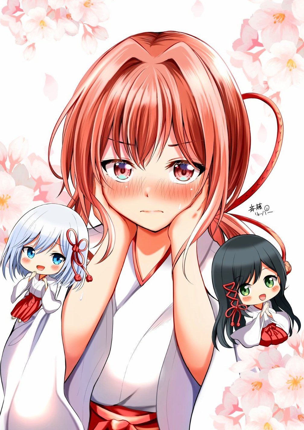 ryopa, amagami asahi, amagami yae, amagami yuna, amagami-san chi no enmusubi, commentary request, highres, 3girls, black hair, blue eyes, blush, chibi, chibi inset, closed mouth, floral background, flower, green eyes, hair ornament, hakama, hakama skirt, hands on own cheeks, hands on own face, japanese clothes, kosode, long hair, looking at viewer, miko, multiple girls, open mouth, pink flower, red eyes, red hair, red hakama, short hair, skirt, solo focus, upper body, white background, white hair, wide sleeves
