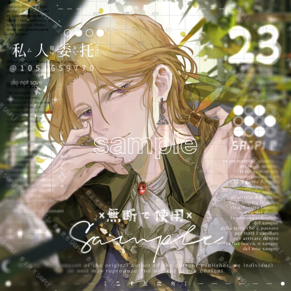 23cifang, france (hetalia), axis powers hetalia, 1boy, ascot, blonde hair, brooch, earrings, facial hair, goatee stubble, hair tubes, jacket, jewelry, long hair, long sleeves, looking at viewer, male focus, plant, ponytail, purple eyes, ring, sample watermark, shirt, short hair, single hair tube, smile, solo, stubble, upper body, watermark
