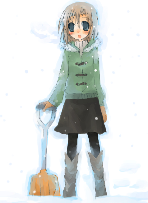 suzushiro kurumi, ryuuguu rena, higurashi no naku koro ni, 00s, boots, coat, pantyhose, shovel, skirt, snow, snow shovel, solo, worktool