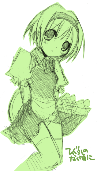 suzushiro kurumi, houjou satoko, higurashi no naku koro ni, 00s, 1girl, female focus, green theme, monochrome, solo, waitress
