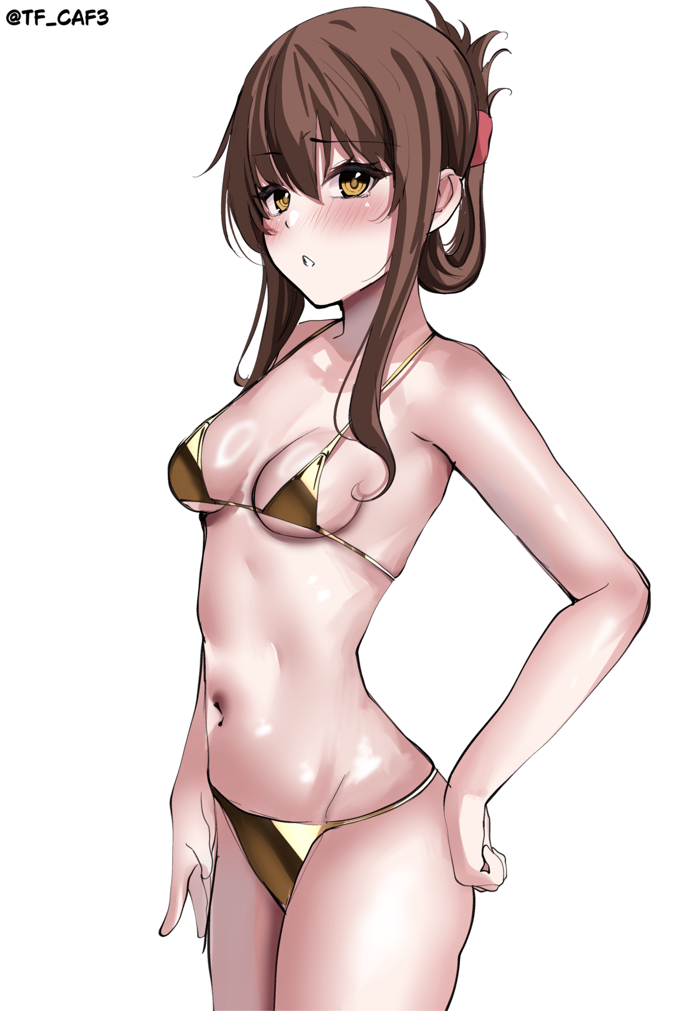tf cafe, inazuma (kancolle), kantai collection, absurdres, hashtag-only commentary, highres, 1girl, alternate costume, bikini, blush, breasts, brown hair, cowboy shot, folded ponytail, gold bikini, hair between eyes, hand on own hip, long hair, long sidelocks, looking at viewer, medium breasts, micro bikini, navel, one-hour drawing challenge, open mouth, sidelocks, simple background, solo, stomach, string bikini, swimsuit, twitter username, white background, yellow eyes