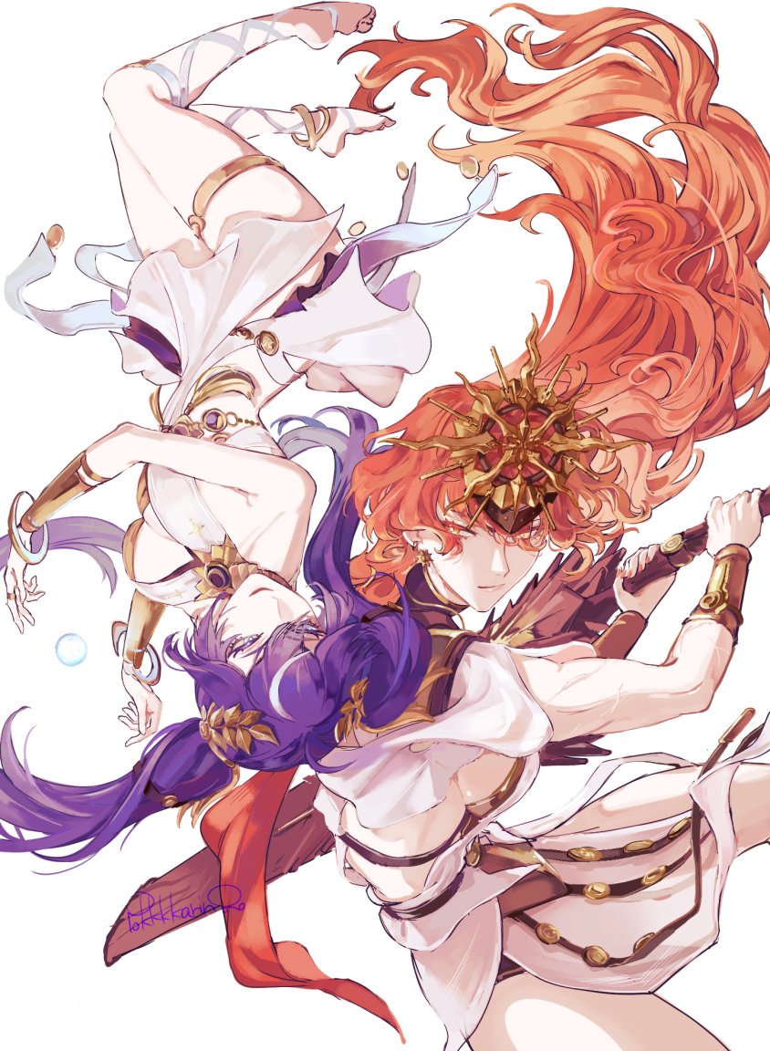 pokkkkaringo, augusta (wuthering waves), iuno (wuthering waves), wuthering waves, commentary request, 2girls, ancient greek clothes, barefoot, blue eyes, blue hair, breasts, cleavage, closed mouth, dress, earrings, gold bra, greatsword, greco-roman clothes, head wreath, headgear, holding, holding sword, holding weapon, jewelry, long hair, looking at another, medium breasts, multicolored hair, multiple girls, orange eyes, orange hair, signature, streaked hair, sun earrings, sword, thighlet, toes, very long hair, weapon, white dress