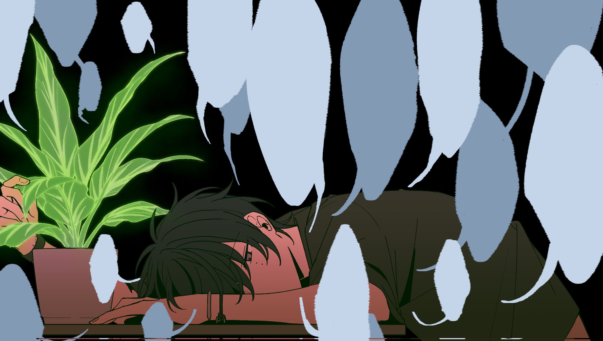 sanecooooooo, 18trip, highres, 1boy, arm on table, black background, black hair, blank speech bubble, bracelet, colored speech bubble, grey eyes, hair between eyes, head on table, jacket, jewelry, male focus, mole, mole under eye, multiple moles, murakumo ten, no mouth, on table, plant, potted plant, shirt, short hair, simple background, solo, speech bubble, table, wooden table