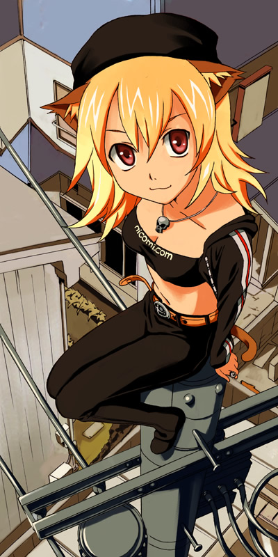 rato, nicomi.com, 1girl, animal ears, bandeau, blonde hair, cat ears, cat tail, female focus, hat, red eyes, sitting, solo, strapless, tail, tank top, tube top