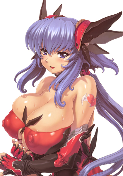mogudan, original, 1girl, areola slip, arm tattoo, blue eyes, blue hair, blush, breasts, covered erect nipples, female focus, huge breasts, large breasts, nakayohei mogudan, nipples, puffy nipples, simple background, solo, tattoo, wet, white background