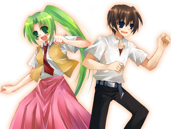 suzushiro kurumi, maebara keiichi, sonozaki mion, higurashi no naku koro ni, 00s, 1boy, 1girl, :d, belt, blue eyes, blush, brown hair, buckle, dress shirt, green eyes, green hair, long hair, long skirt, looking at viewer, necktie, open mouth, pink skirt, red necktie, shirt, short sleeves, simple background, skirt, smile, very long hair, vest, white background, white shirt