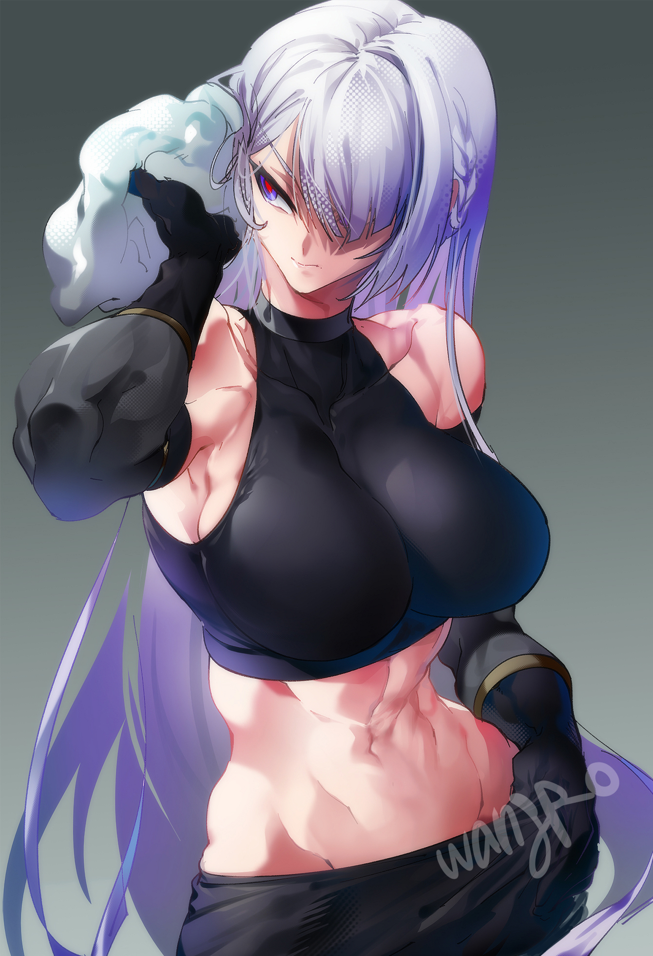 wangpo, ak-15 (girls' frontline), girls' frontline, girls' frontline 2: exilium, commentary, highres, 1girl, artist name, bare shoulders, black gloves, black pants, breasts, closed mouth, gloves, grey background, holding, holding towel, long hair, muscular, muscular female, navel, pants, purple eyes, red pupils, solo, towel, voymastina (girls' frontline 2), white hair