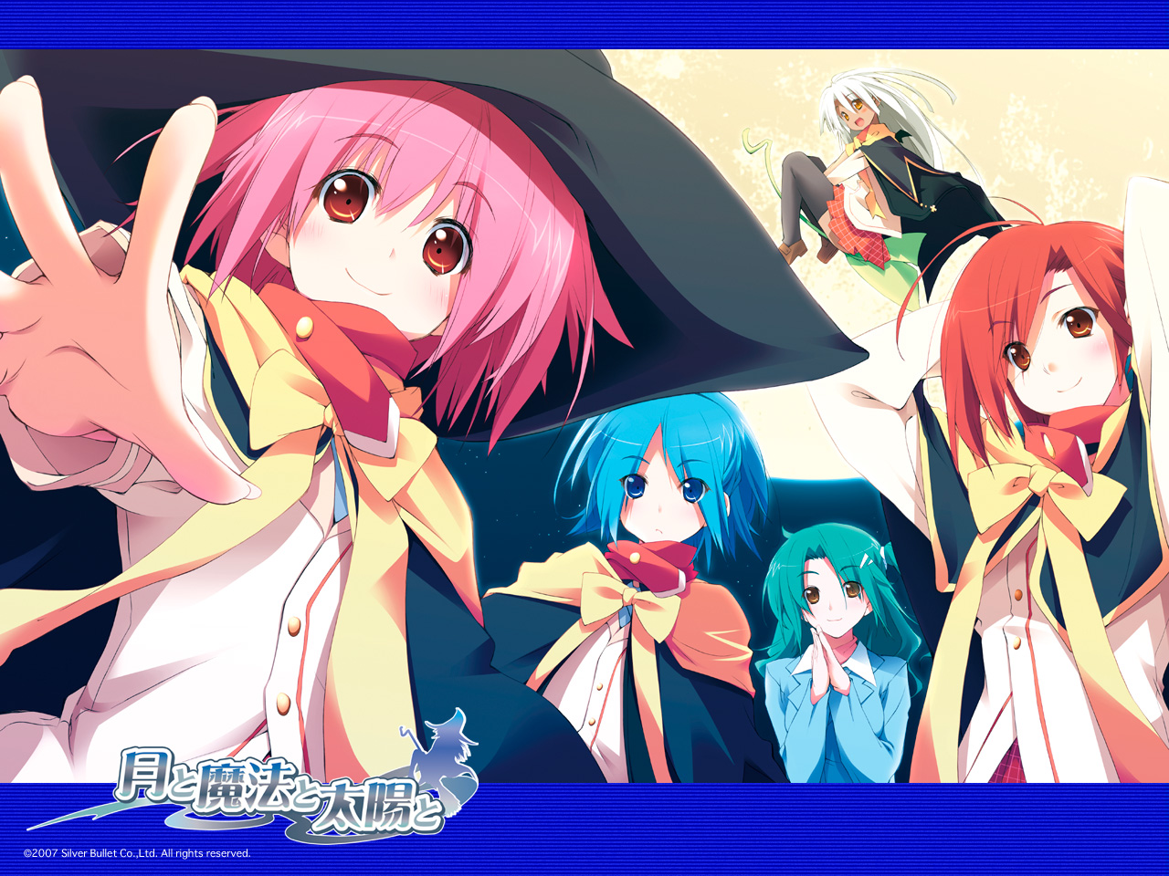 kokonoka, hagure sunao, higusa noriko, ichinose kozue, lily hayasaka, sasakawa tsuzuri, tsuki to mahou to taiyou to, non-web source, 5girls, ahoge, blue eyes, blue hair, brown eyes, game, green hair, hat, long hair, moon, multiple girls, pink hair, red eyes, red hair, short hair, smile, white hair, witch hat, yellow eyes