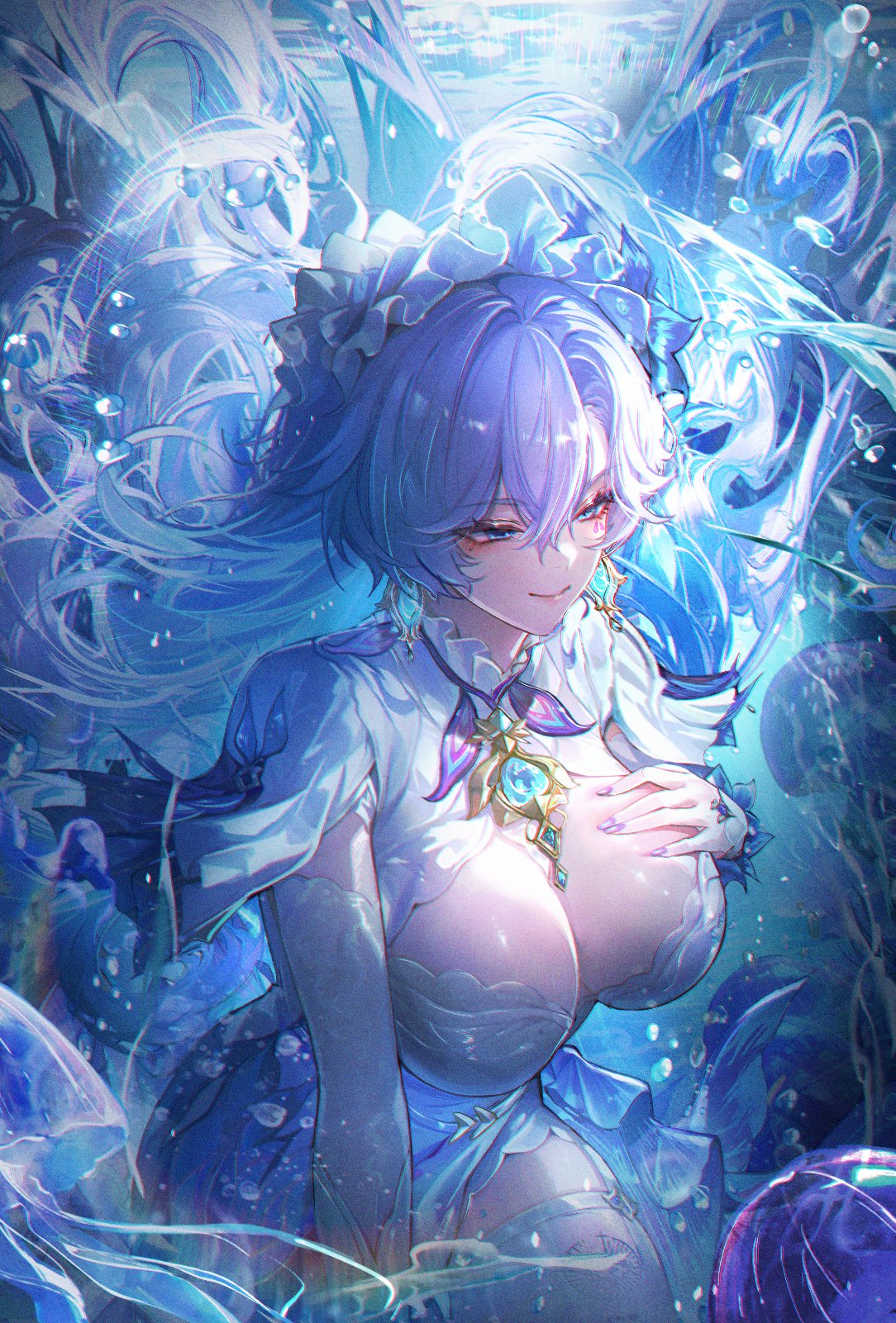 turbulence, cantarella (wuthering waves), wuthering waves, commentary, english commentary, highres, 1girl, blue flower, blue hair, breasts, bubble, closed mouth, colored inner hair, dress, earrings, facial mark, flower, hair between eyes, hair flower, hair ornament, hand on own chest, headdress, jellyfish, jewelry, large breasts, long hair, looking ahead, mark under eye, mole, mole under eye, multicolored hair, nail polish, purple hair, purple nails, shrug (clothing), smile, solo, thighhighs, thighs, underwater, very long hair, white dress, white shrug, white thighhighs