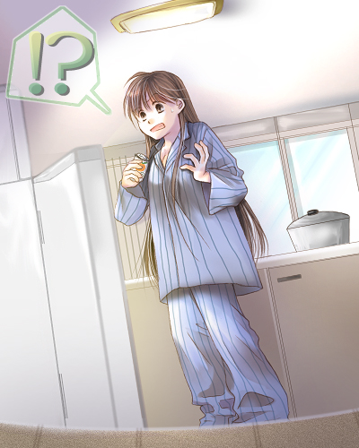 mashiro yuu, tomo (petit + humming), striped, gender request, lowres, !?, 1girl, brown eyes, brown hair, drink, drinking, female focus, genderswap, pajamas, solo