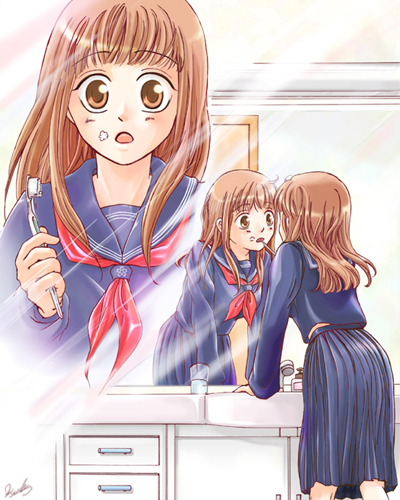 mashiro yuu, watanabe koucha, lowres, 1girl, brown eyes, brown hair, brushing teeth, genderswap, genderswap (mtf), school uniform, toothbrush