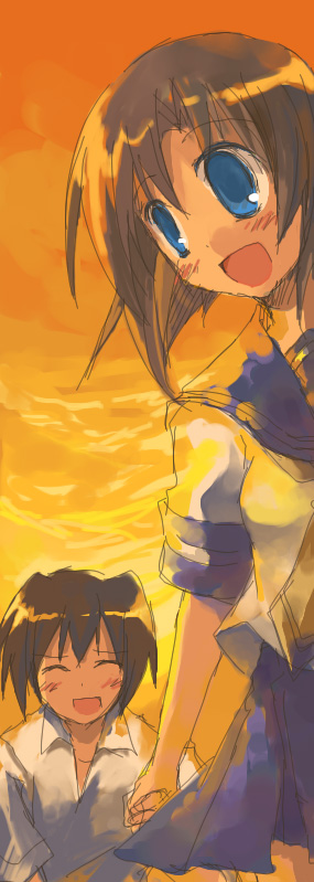 suzushiro kurumi, maebara keiichi, ryuuguu rena, higurashi no naku koro ni, 00s, 1boy, 1girl, :d, ^ ^, blue eyes, blush, blush stickers, brown hair, closed eyes, hetero, holding hands, neckerchief, open mouth, outdoors, sailor collar, school uniform, serafuku, shirt, short hair, smile, sunset, white shirt