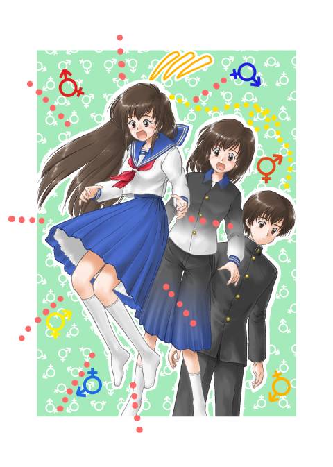 mashiro yuu, ooyuki, gender request, jpeg artifacts, 1boy, 1girl, brown eyes, brown hair, genderswap, mars symbol, school uniform, serafuku, transformation, venus symbol