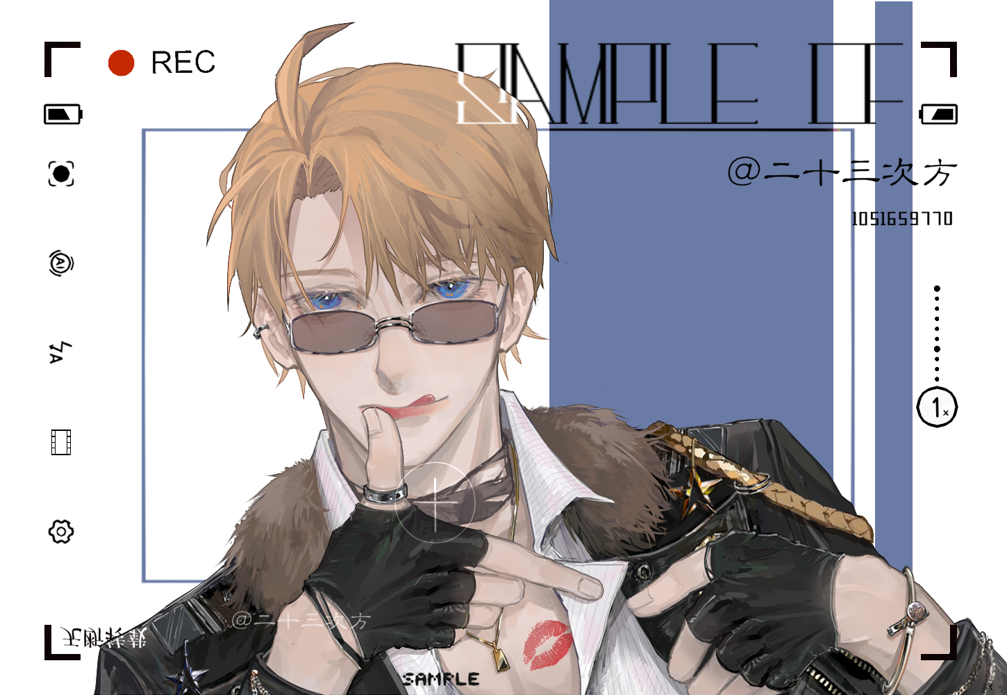 23cifang, america (hetalia), axis powers hetalia, 1boy, ahoge, black gloves, blonde hair, blue eyes, bracelet, collared shirt, ear cuffs, fingerless gloves, fur-trimmed jacket, fur trim, gloves, jacket, jewelry, licking lips, lipstick mark on chest, looking at viewer, male focus, necklace, partially opaque sunglasses, ring, sample watermark, shirt, solo, tongue, tongue out, upper body, watermark