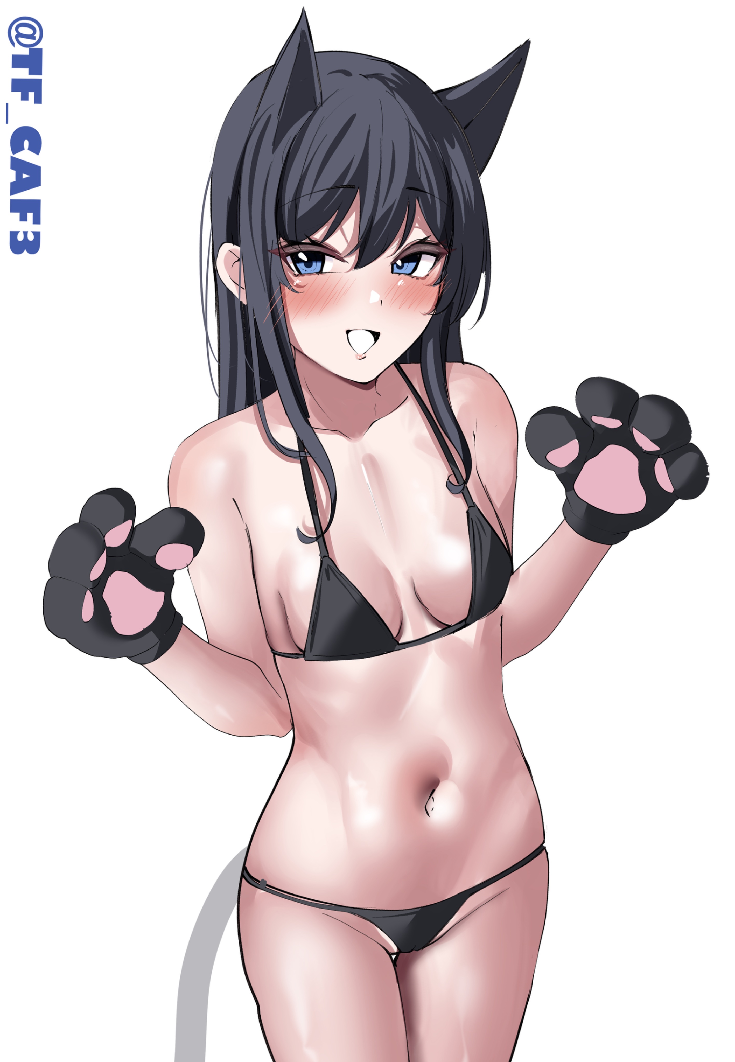 tf cafe, asashio (kancolle), kantai collection, absurdres, hashtag-only commentary, highres, 1girl, alternate costume, animal ears, animal hands, bikini, black bikini, black hair, blue eyes, blush, breasts, cat ears, cat girl, cat tail, collarbone, cowboy shot, gloves, hair between eyes, kemonomimi mode, long hair, long sidelocks, looking at viewer, medium breasts, micro bikini, navel, one-hour drawing challenge, open mouth, paw gloves, sidelocks, simple background, solo, stomach, string bikini, swimsuit, tail, thigh gap, thighs, twitter username, white background