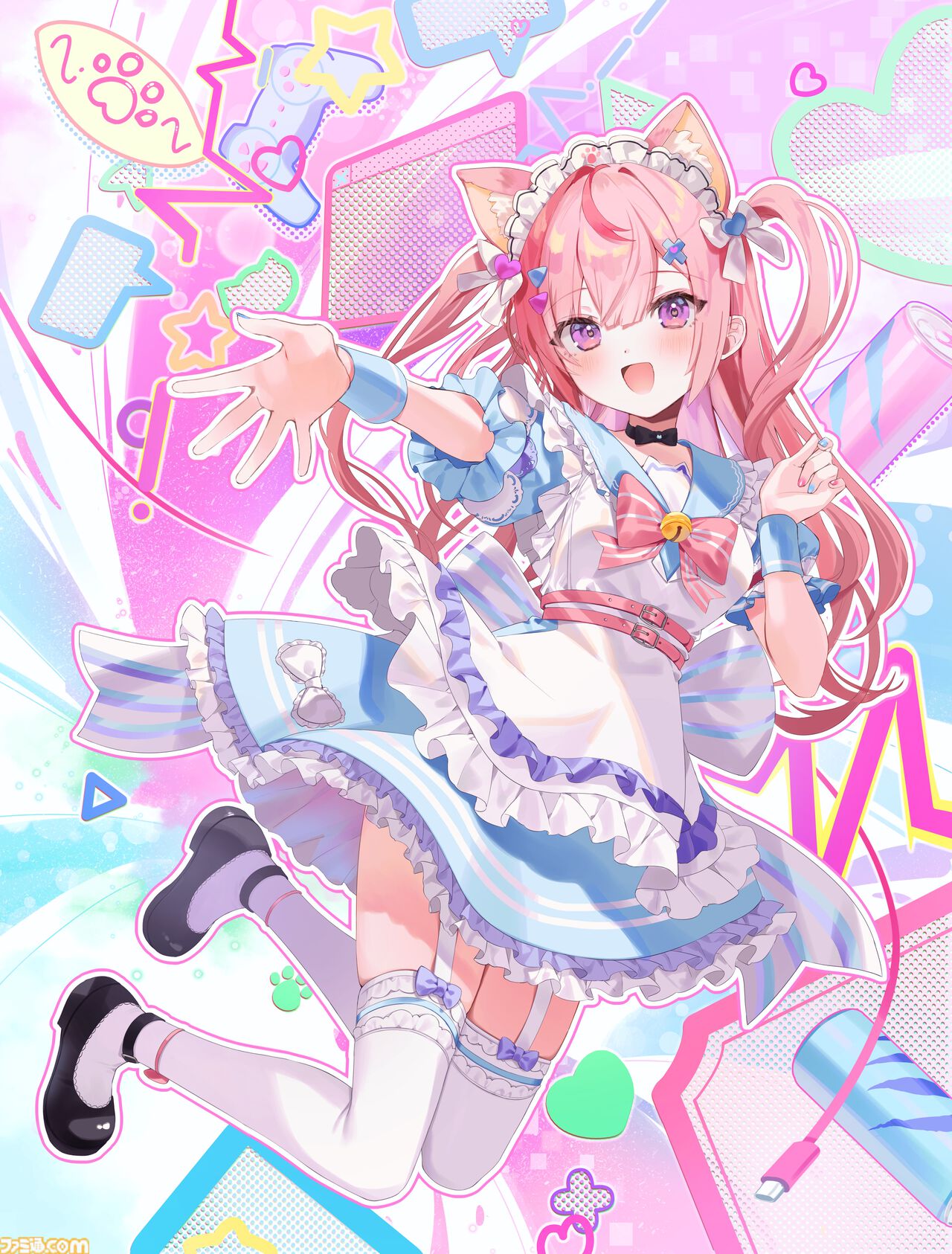 kanda done, yuuki sakuna, indie virtual youtuber, highres, official art, second-party source, 1girl, animal ear fluff, animal ears, black shoes, blue dress, blue sailor collar, cat ears, cat girl, dress, full body, long hair, looking at viewer, mary janes, open mouth, pink hair, sailor collar, shoes, short sleeves, smile, solo, thigh strap, thighhighs, virtual youtuber, white thighhighs, wristband, zettai ryouiki