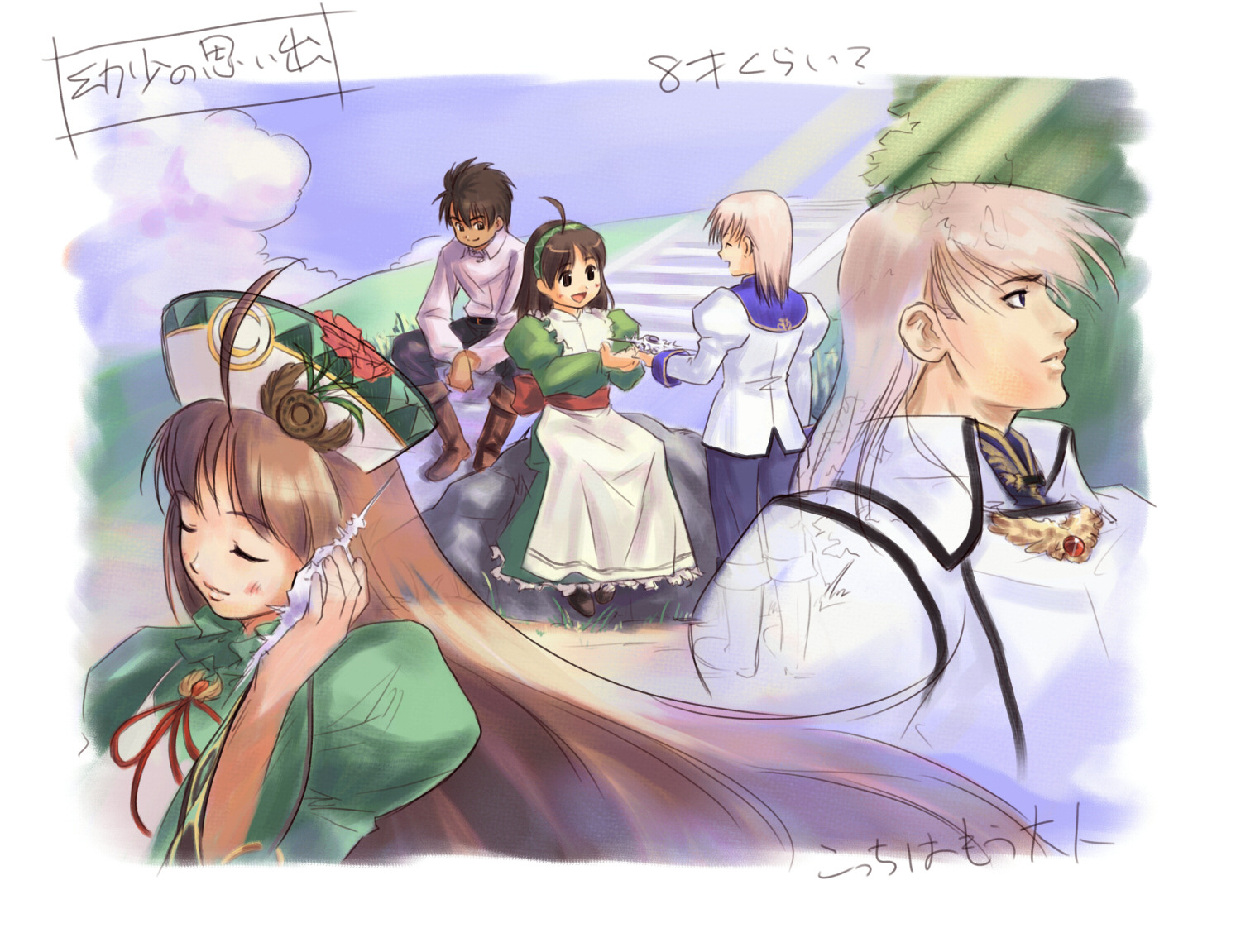 ohse kohime, bartholomaus platane, rodefried santar, viorate platane, atelier (series), atelier viorate, gust, 1girl, 2boys, :d, aged down, ahoge, blush, brown hair, closed eyes, cloud, dress, flower, hairband, hat, holding, long hair, long sleeves, multiple boys, open mouth, pants, profile, ribbon, rock, seashell, shell, shirt, short hair, sitting, sketch, smile, standing