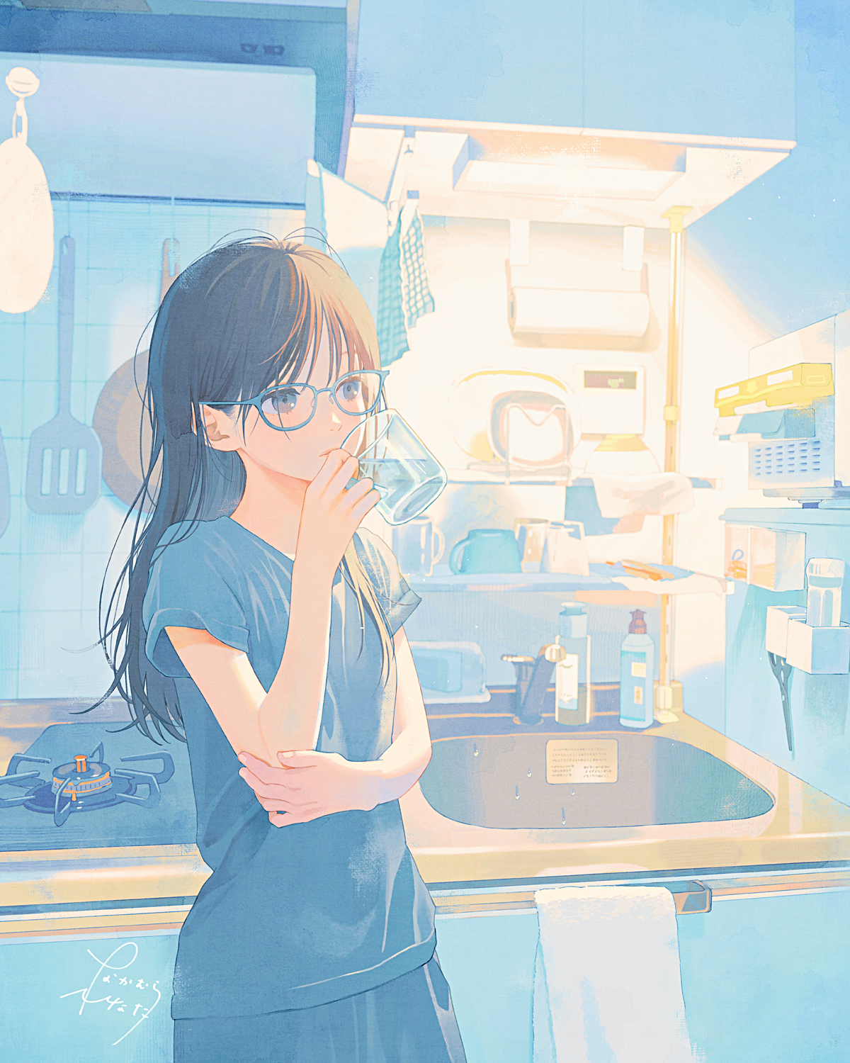 nakamura hinata, original, highres, 1girl, black hair, blue theme, cup, glasses, holding, holding cup, indoors, kitchen, long hair, pants, shirt, solo