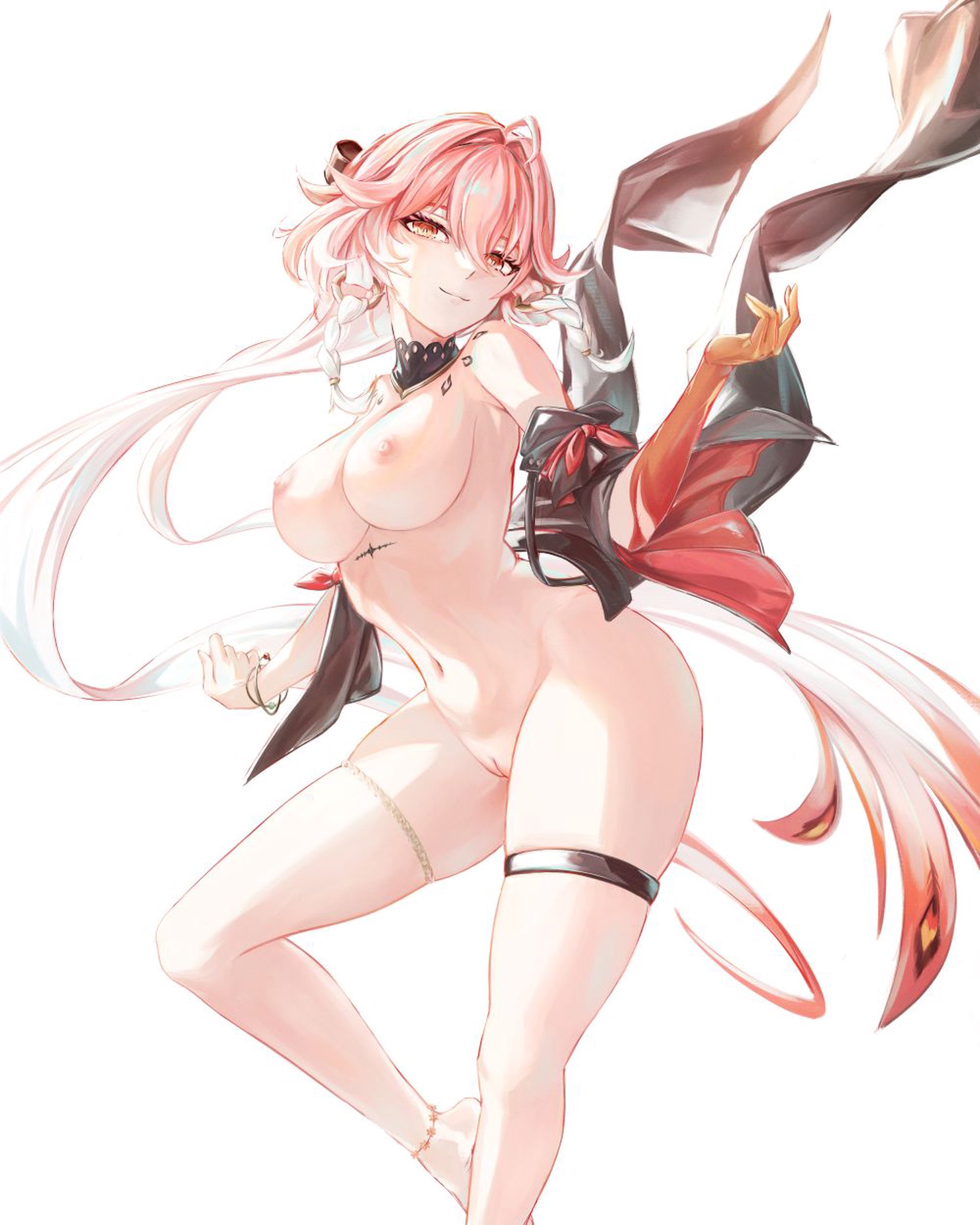 mikasciii, changli (wuthering waves), wuthering waves, absurdres, highres, image sample, picarto sample, 1girl, ahoge, barefoot, black collar, black sleeves, body markings, bracelet, braid, breasts, bright pupils, closed mouth, collar, colored extremities, foot out of frame, hair between eyes, hair extensions, hair intakes, hand up, jewelry, large breasts, looking at viewer, multicolored hair, navel, nipples, nude, pink hair, pussy, red hands, ring hair extensions, simple background, smile, solo, stomach, tacet mark (wuthering waves), thigh strap, twin braids, two-tone hair, uncensored, white background, white hair, white pupils, yellow eyes