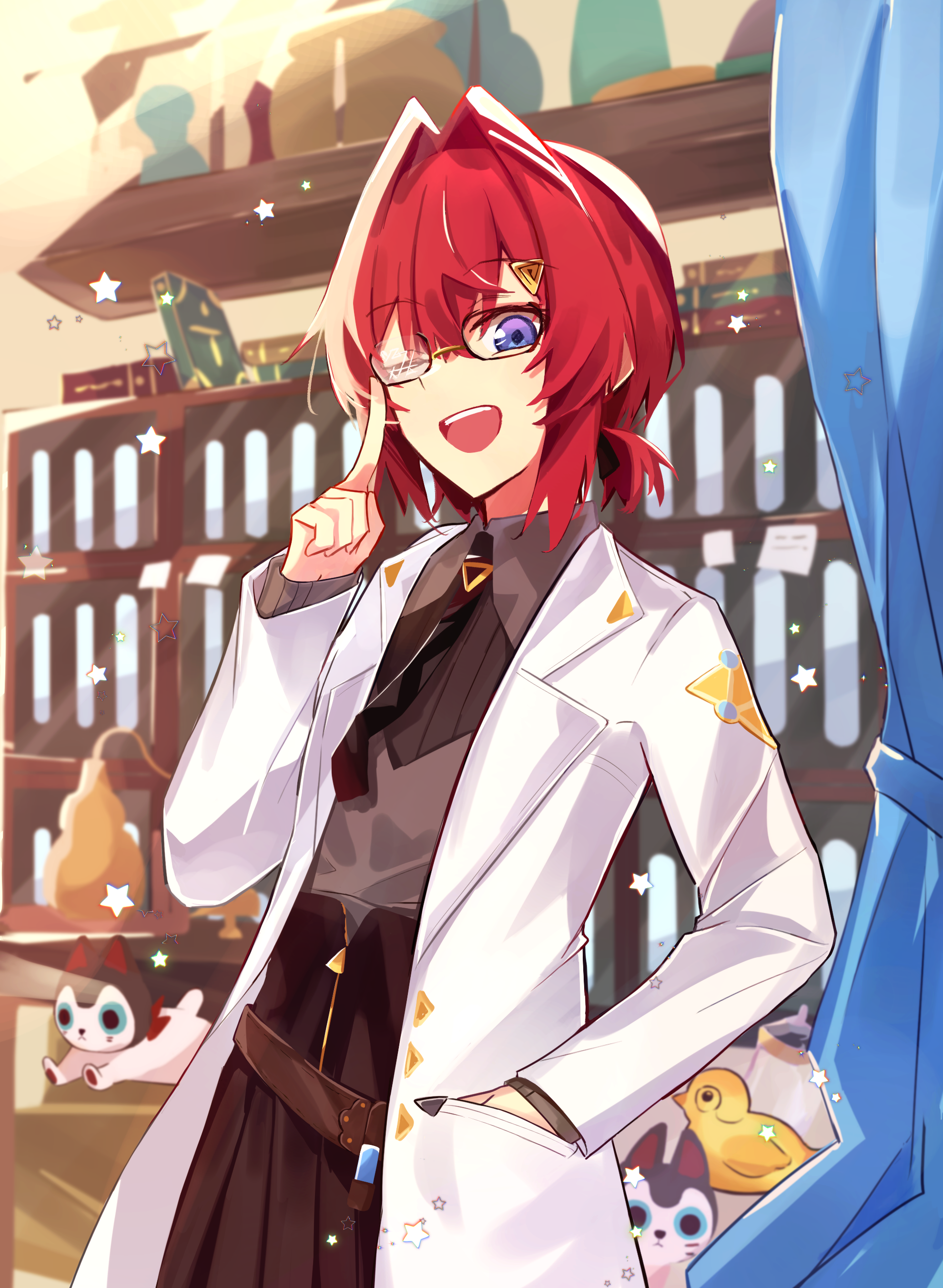 sanso ion, ange katrina, ange katrina (4th costume), banken (inui toko), sebastian piyodore, nijisanji, absurdres, commentary, highres, symbol-only commentary, 1girl, adjusting eyewear, animal, belt, bird, black-framed eyewear, black necktie, black skirt, blurry, blurry background, brown belt, coat, collared shirt, cowboy shot, flat chest, glasses, grey shirt, hair between eyes, hair intakes, hair ornament, hand in pocket, hand up, high-waist skirt, index finger raised, indoors, lab coat, lapels, long sleeves, looking at viewer, necktie, notched lapels, one eye closed, open mouth, pleated skirt, ponytail, purple eyes, red hair, shirt, shirt tucked in, short ponytail, skirt, smile, solo focus, square-end necktie, teeth, triangle hair ornament, upper teeth only, virtual youtuber, white coat, yellow bird