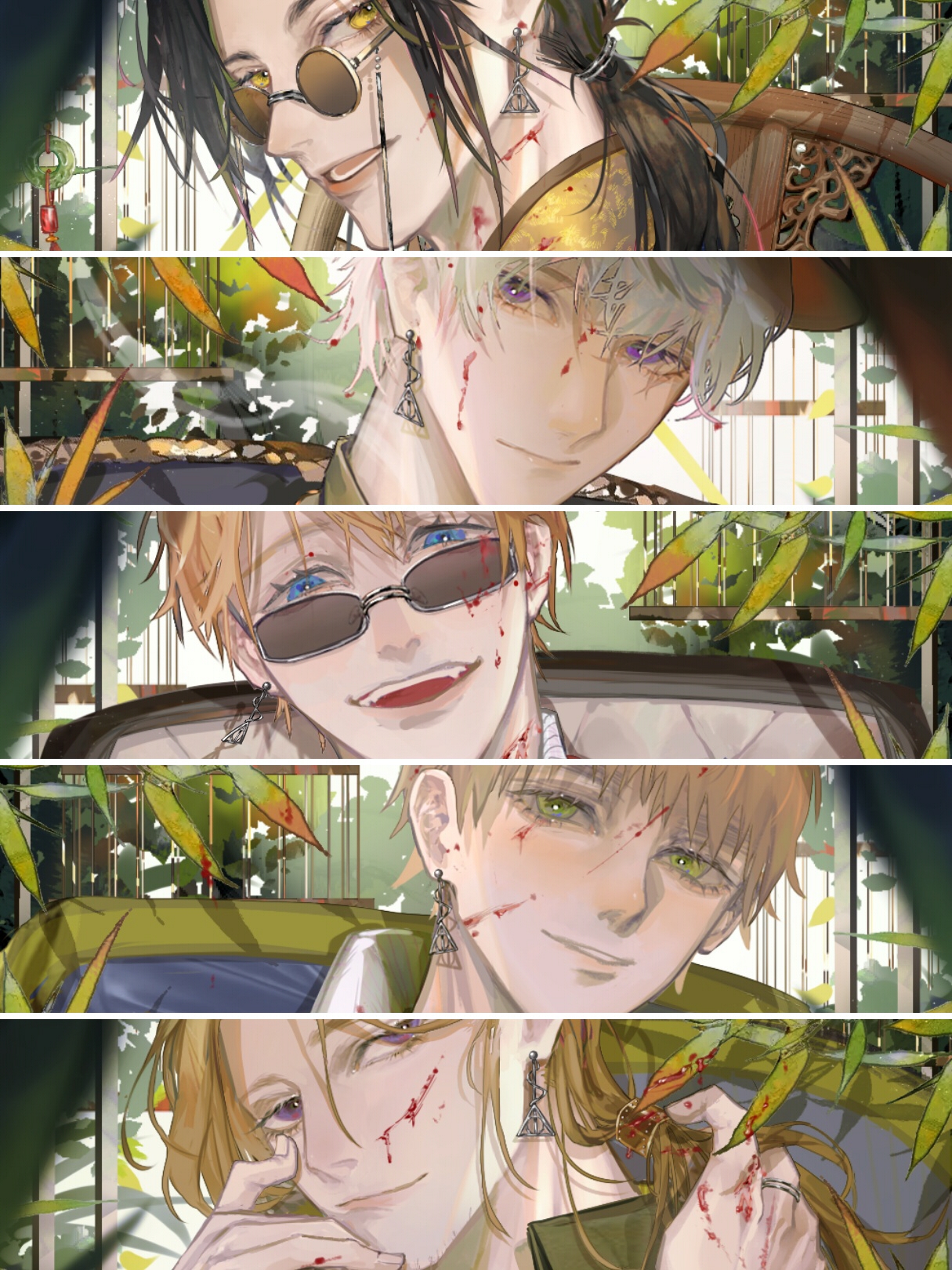 23cifang, america (hetalia), china (hetalia), france (hetalia), russia (hetalia), united kingdom (hetalia), axis powers hetalia, highres, 5boys, black hair, blonde hair, blood, blood on face, blue eyes, earrings, eyewear strap, facial hair, glasses, goatee stubble, green eyes, hair tubes, jewelry, long hair, looking at viewer, male focus, multiple boys, opaque glasses, open mouth, partially opaque glasses, plant, ponytail, purple eyes, short hair, single hair tube, smile, stubble, thick eyebrows, white hair, yellow eyes