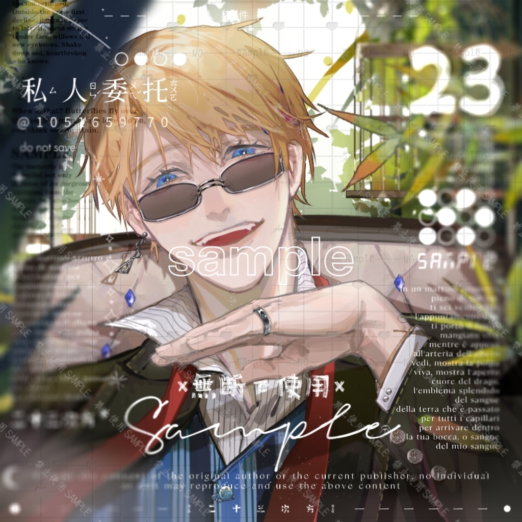 23cifang, america (hetalia), axis powers hetalia, 1boy, blonde hair, blue eyes, earrings, jacket, jewelry, looking at viewer, male focus, open mouth, plant, ring, sample watermark, shirt, short hair, smile, solo, upper body, watermark